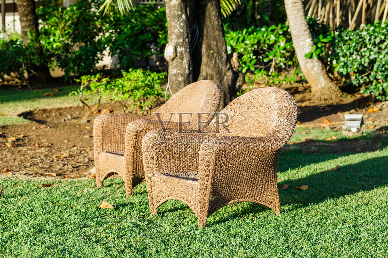 戶外藤椅在一個陽光明媚的日子照片攝影